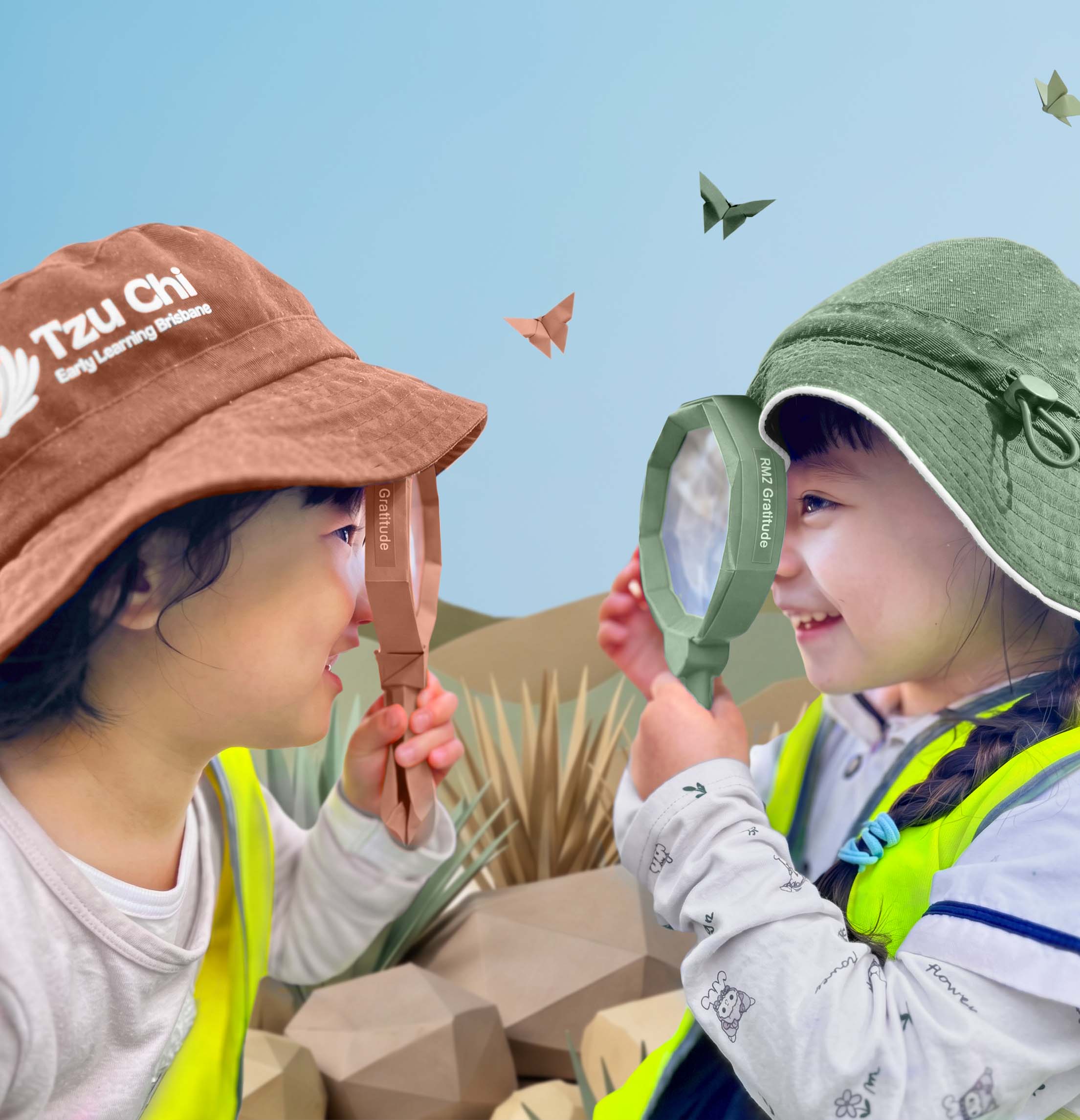 Tzu Chi Early Learning children exploring environment, two friends with magnifying glasses