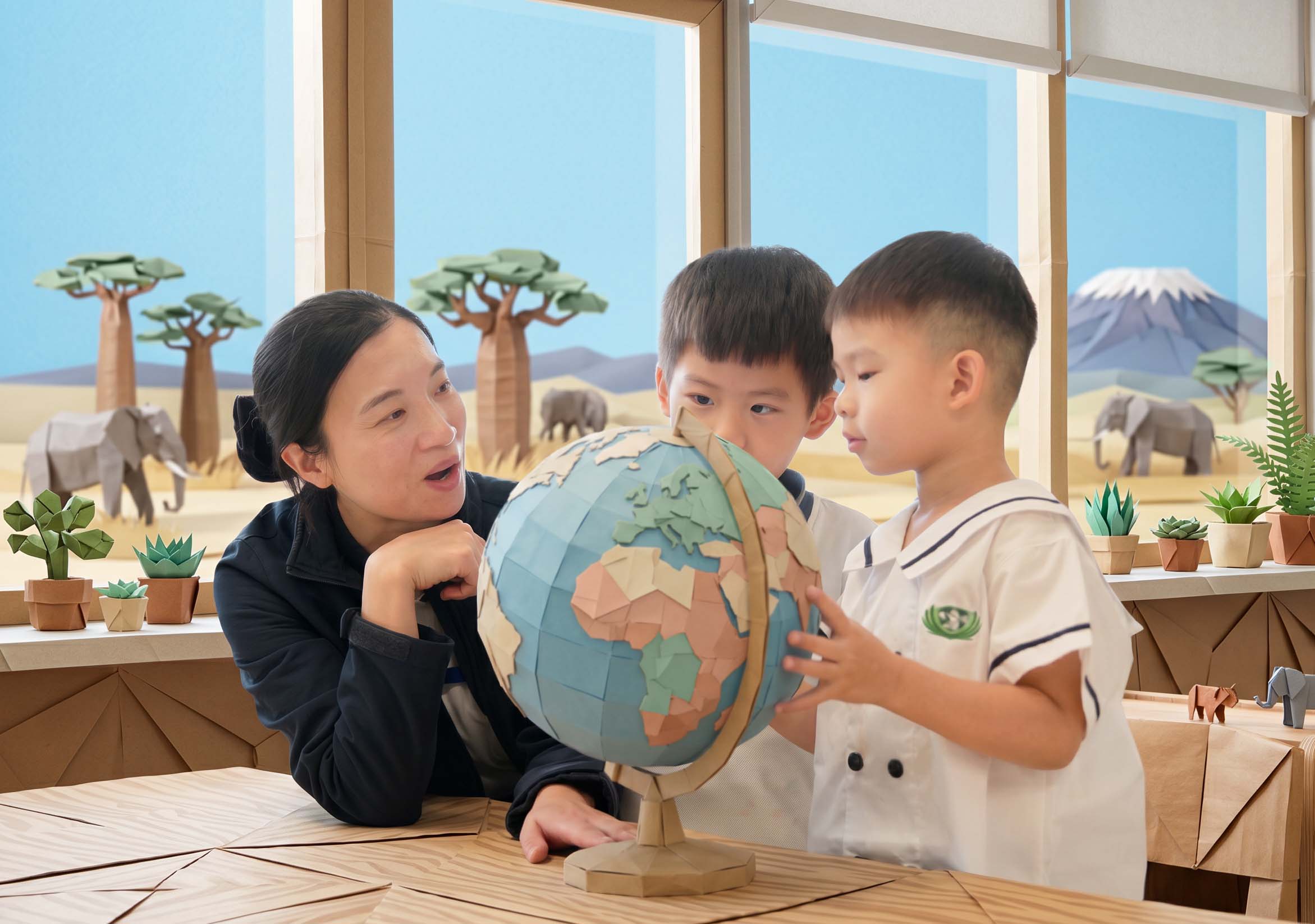 Tzu Chi Early Learning child looking at globe with educator